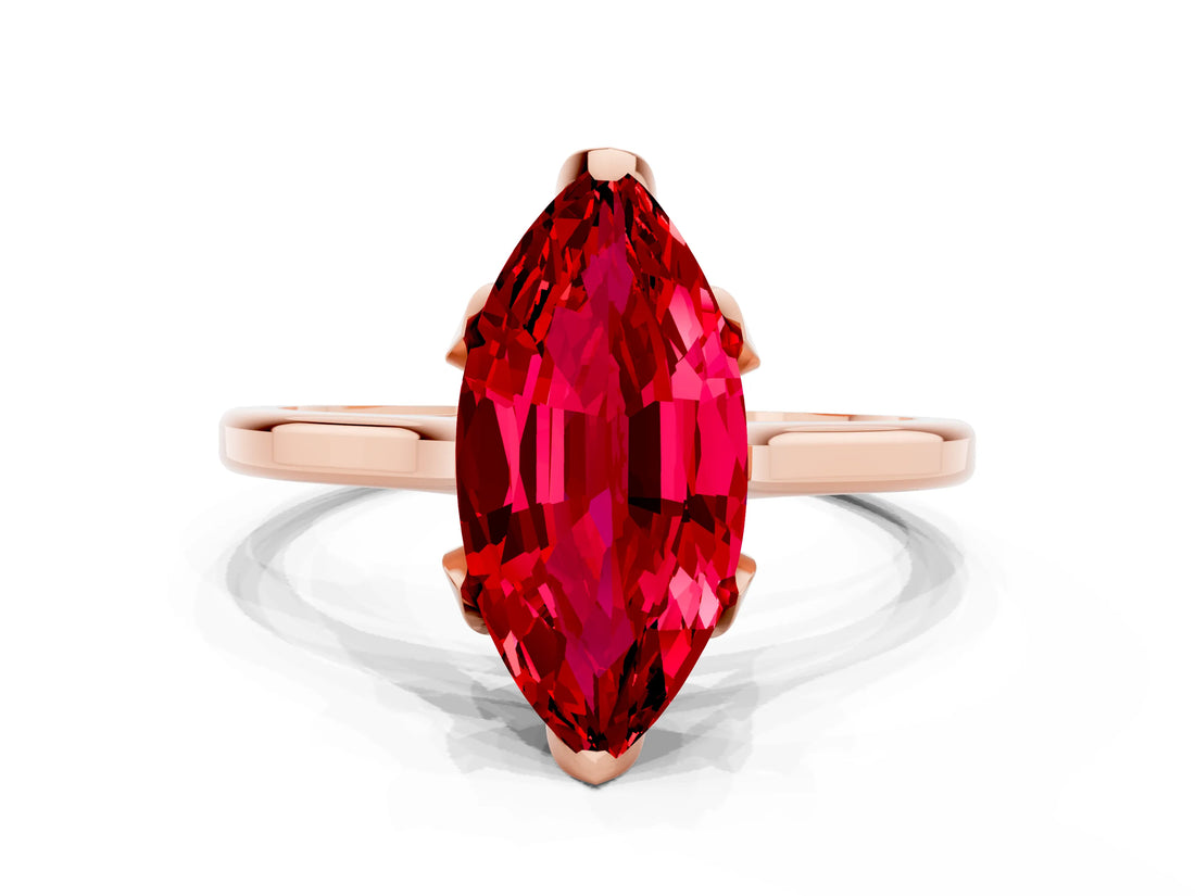 Rose gold Marquise Cut Ruby Solitaire Ring with Flower Prong Setting and Classic Band_36