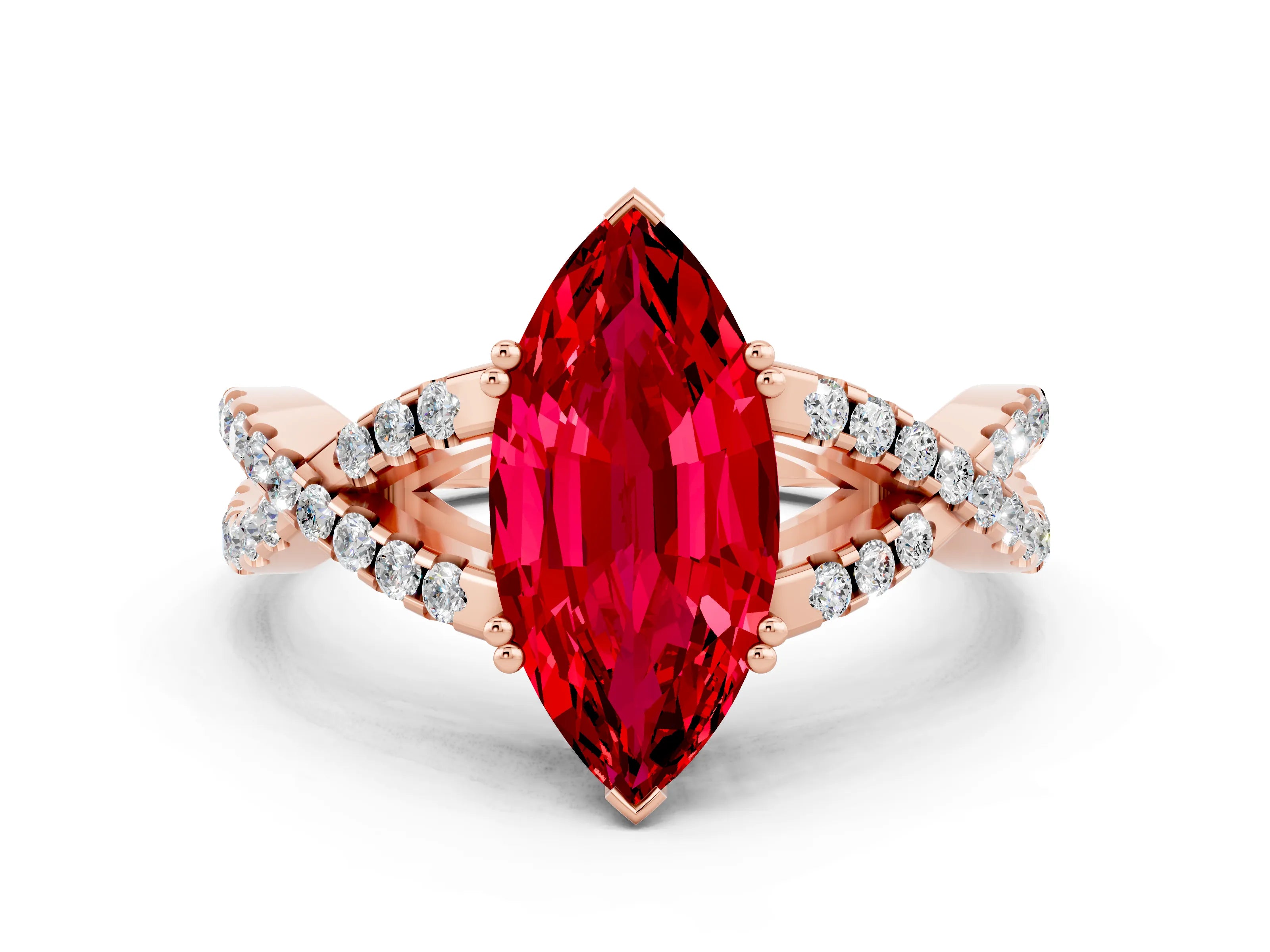 Rose gold Marquise Cut Ruby Solitaire Ring with Four-Prong Setting and Twisted Pavé Band