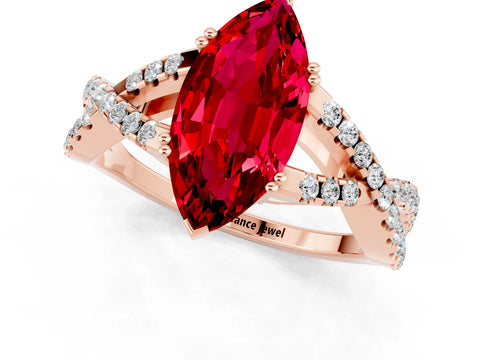 Rose gold Marquise Cut Ruby Solitaire Ring with Four-Prong Setting and Twisted Pavé Band_1
