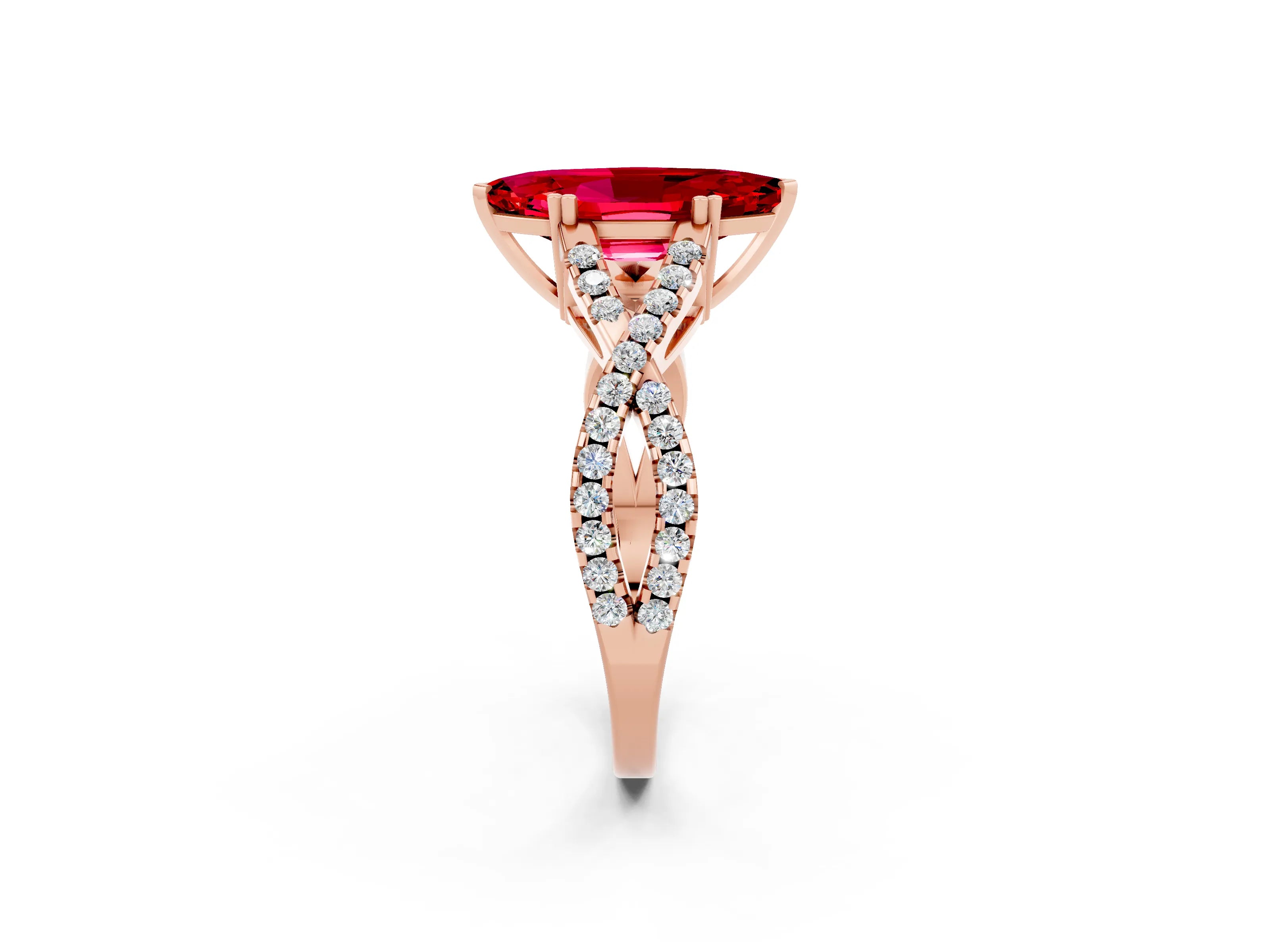 Rose gold Marquise Cut Ruby Solitaire Ring with Four-Prong Setting and Twisted Pavé Band_2