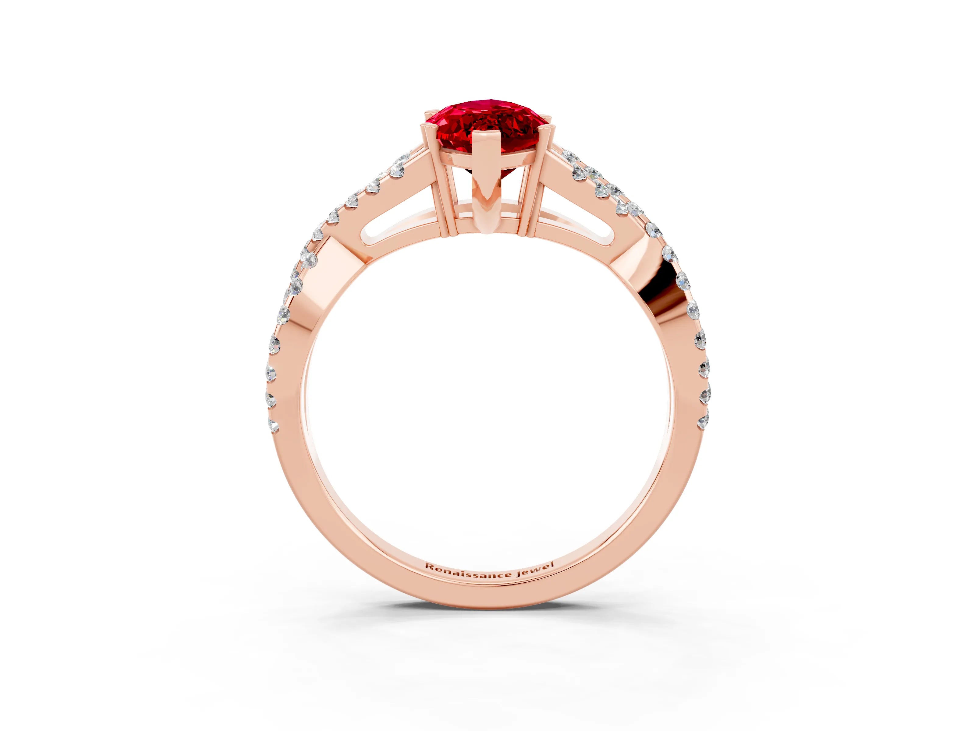 Rose gold Marquise Cut Ruby Solitaire Ring with Four-Prong Setting and Twisted Pavé Band_3