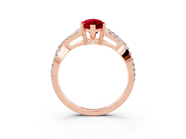 Rose gold Marquise Cut Ruby Solitaire Ring with Four-Prong Setting and Twisted Pavé Band