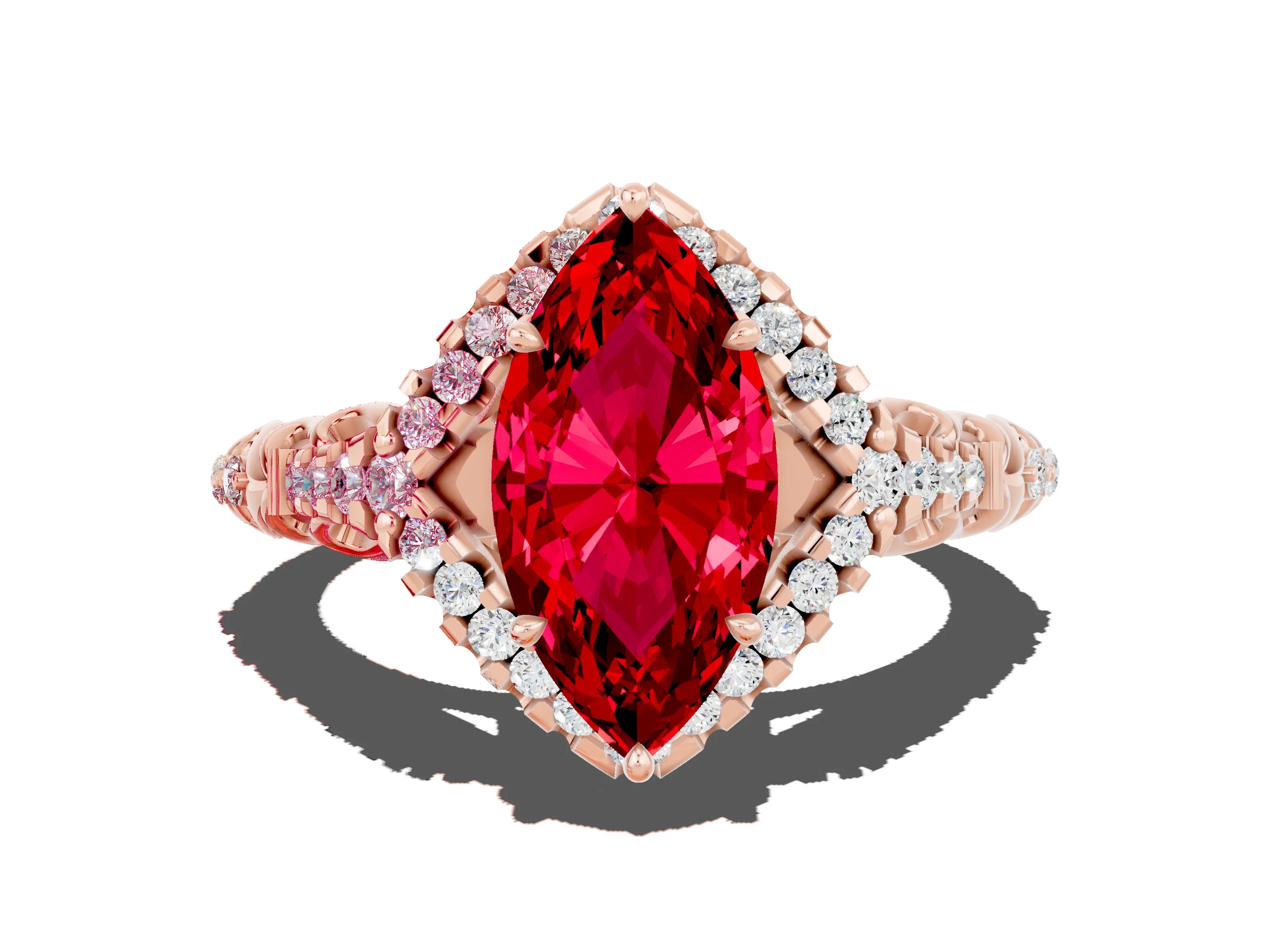 Rose gold Marquise Cut Ruby Solitaire Ring with Hidden Halo and Pavé Band_34