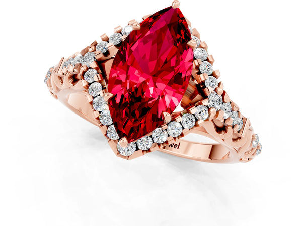 Rose gold Marquise Cut Ruby Solitaire Ring with Hidden Halo and Pavé Band