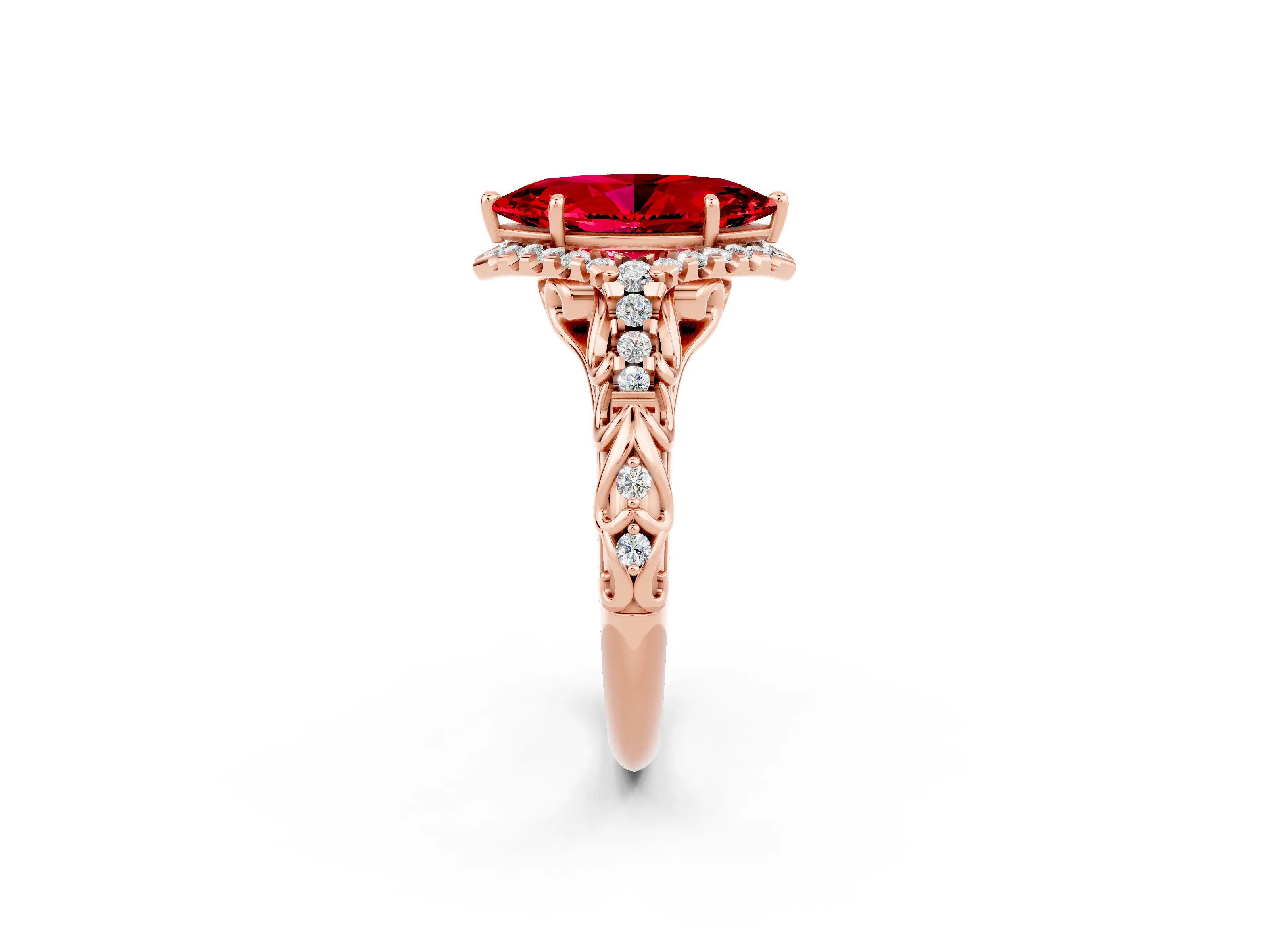 Rose gold Marquise Cut Ruby Solitaire Ring with Hidden Halo and Pavé Band_36