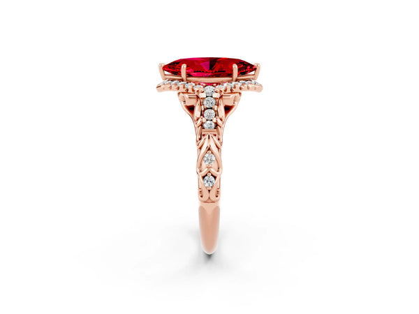 Rose gold Marquise Cut Ruby Solitaire Ring with Hidden Halo and Pavé Band