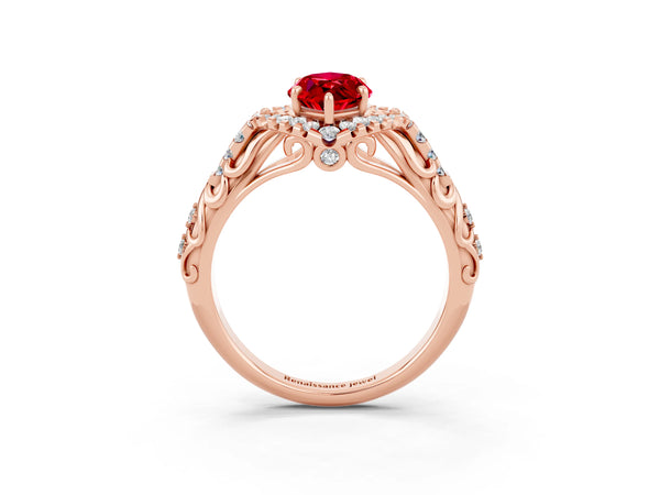 Rose gold Marquise Cut Ruby Solitaire Ring with Hidden Halo and Pavé Band