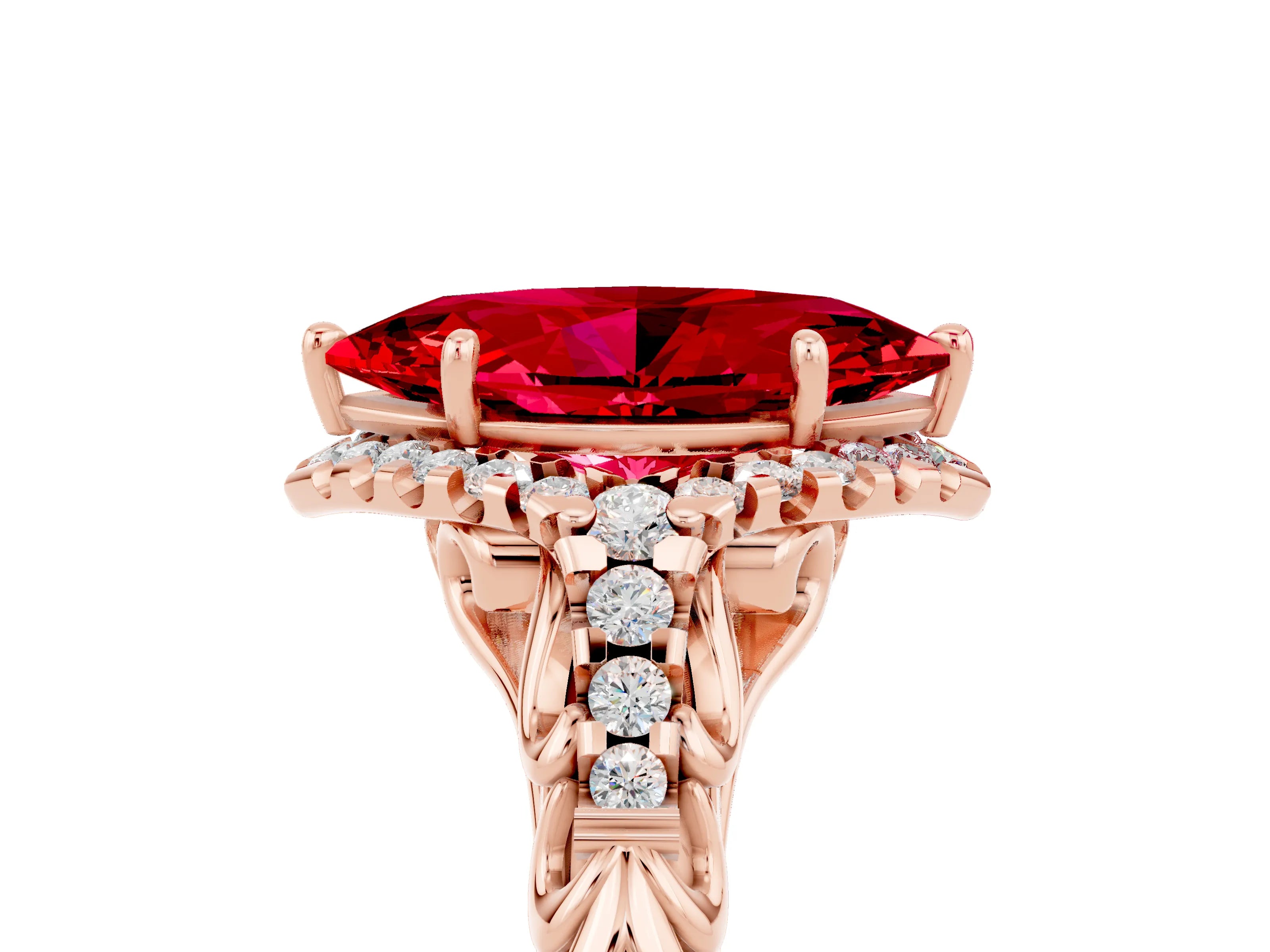 Rose gold Marquise Cut Ruby Solitaire Ring with Hidden Halo and Pavé Band_39
