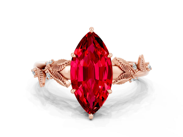 Rose gold Marquise Cut Ruby Solitaire Ring with Leaf Motif Band and Four-Prong Setting