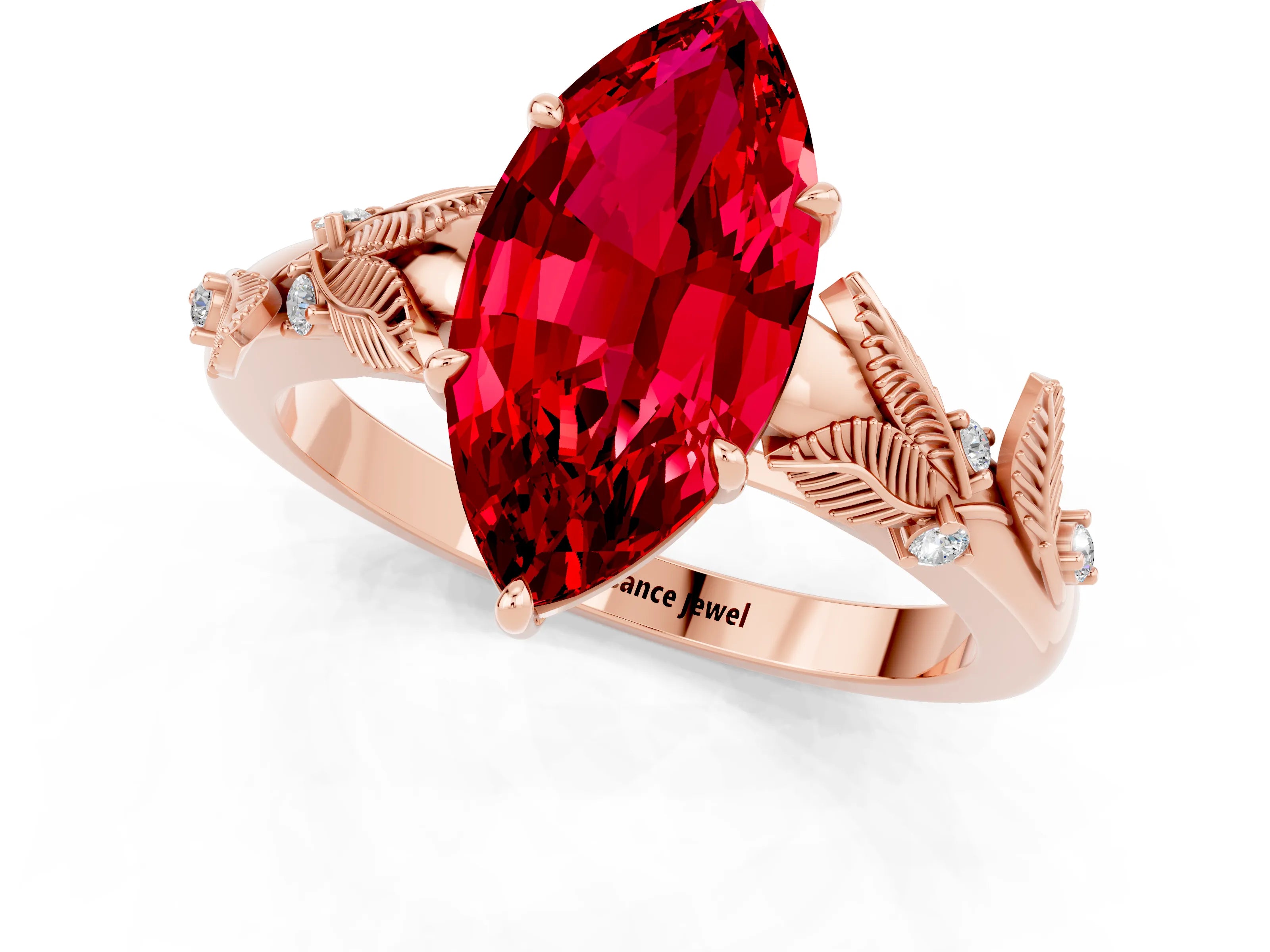 Rose gold Marquise Cut Ruby Solitaire Ring with Leaf Motif Band and Four-Prong Setting_1