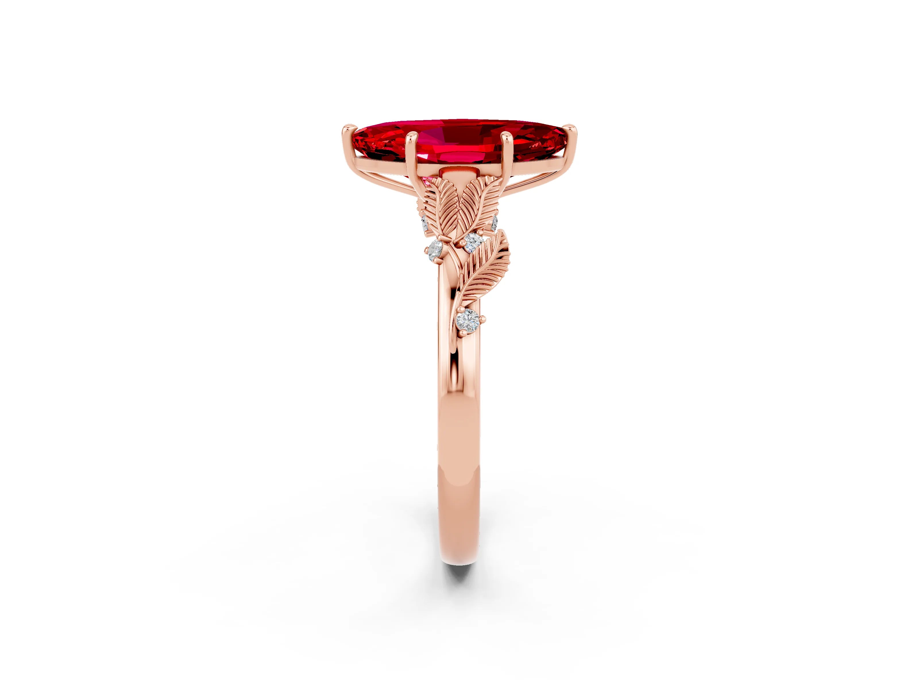 Rose gold Marquise Cut Ruby Solitaire Ring with Leaf Motif Band and Four-Prong Setting_2