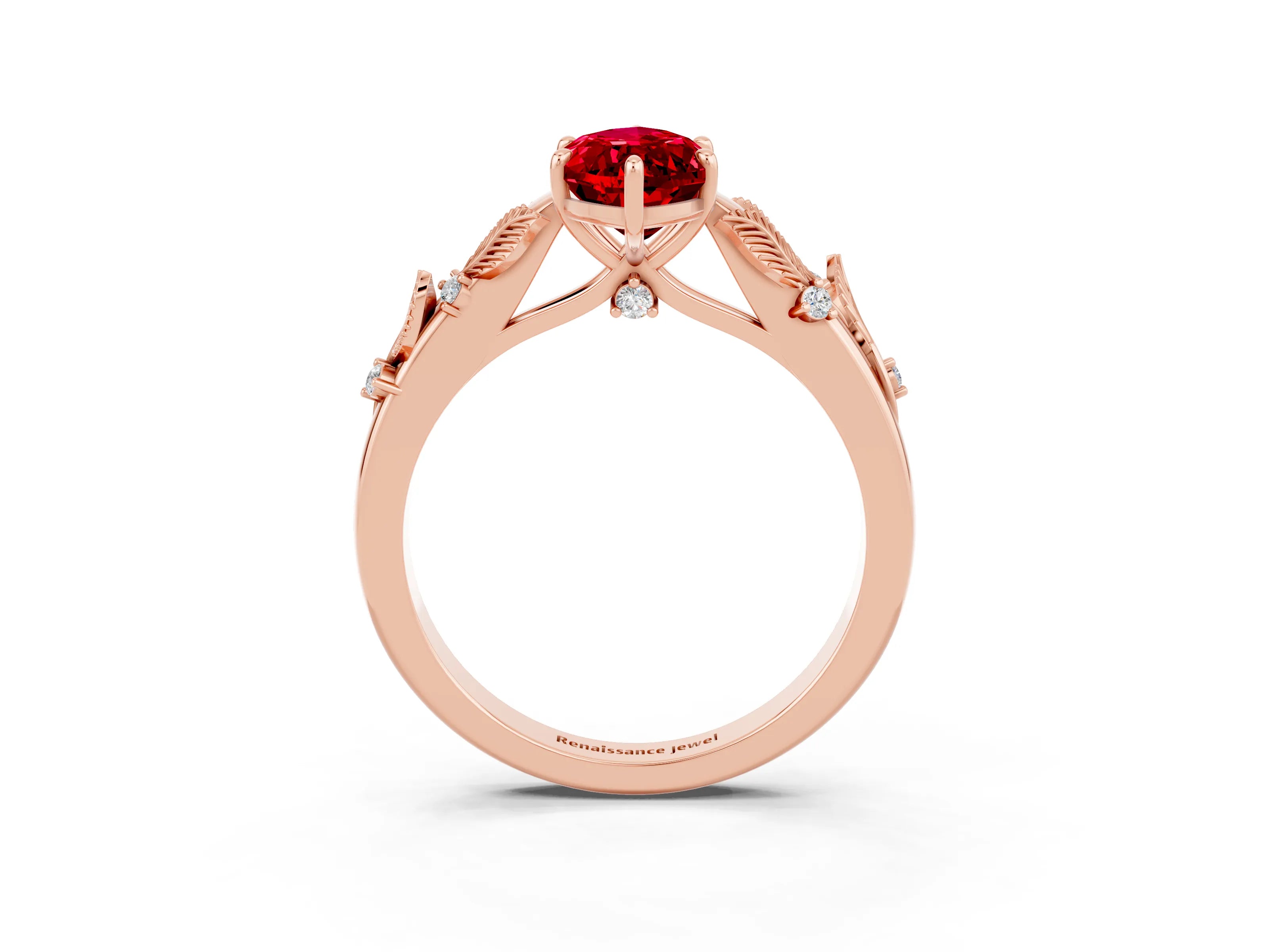 Rose gold Marquise Cut Ruby Solitaire Ring with Leaf Motif Band and Four-Prong Setting_3