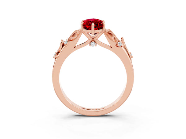 Rose gold Marquise Cut Ruby Solitaire Ring with Leaf Motif Band and Four-Prong Setting