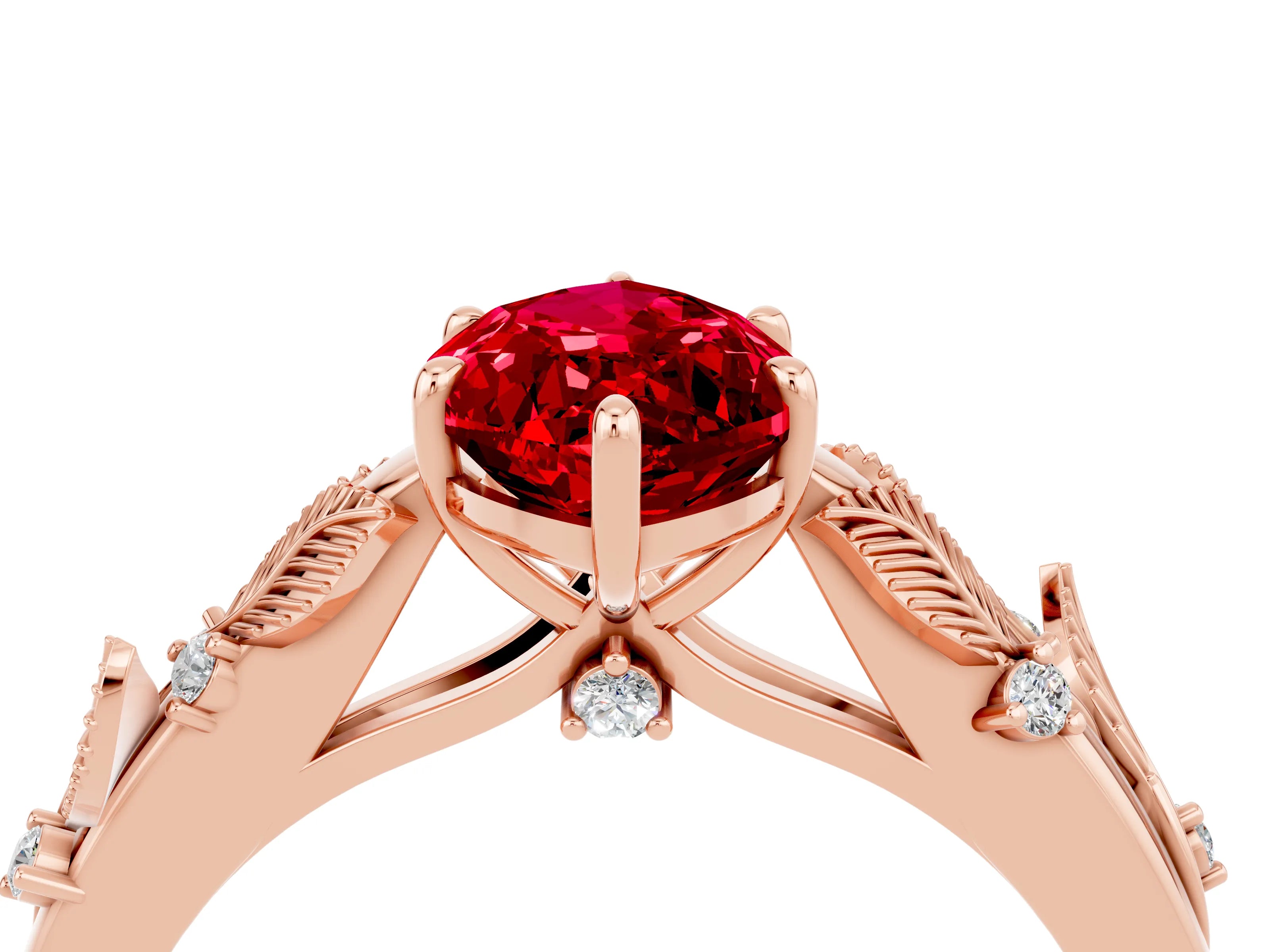 Rose gold Marquise Cut Ruby Solitaire Ring with Leaf Motif Band and Four-Prong Setting_4