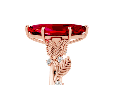 Rose gold Marquise Cut Ruby Solitaire Ring with Leaf Motif Band and Four-Prong Setting_5