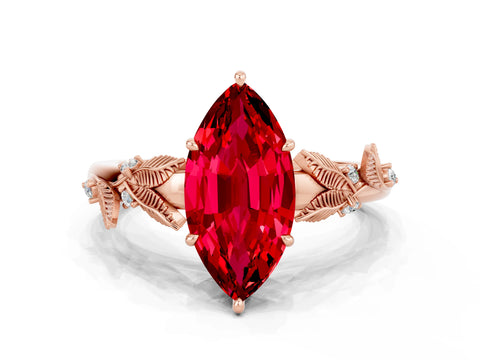 Rose gold Marquise Cut Ruby Solitaire Ring with Leaf Motif Band and Four-Prong Setting
