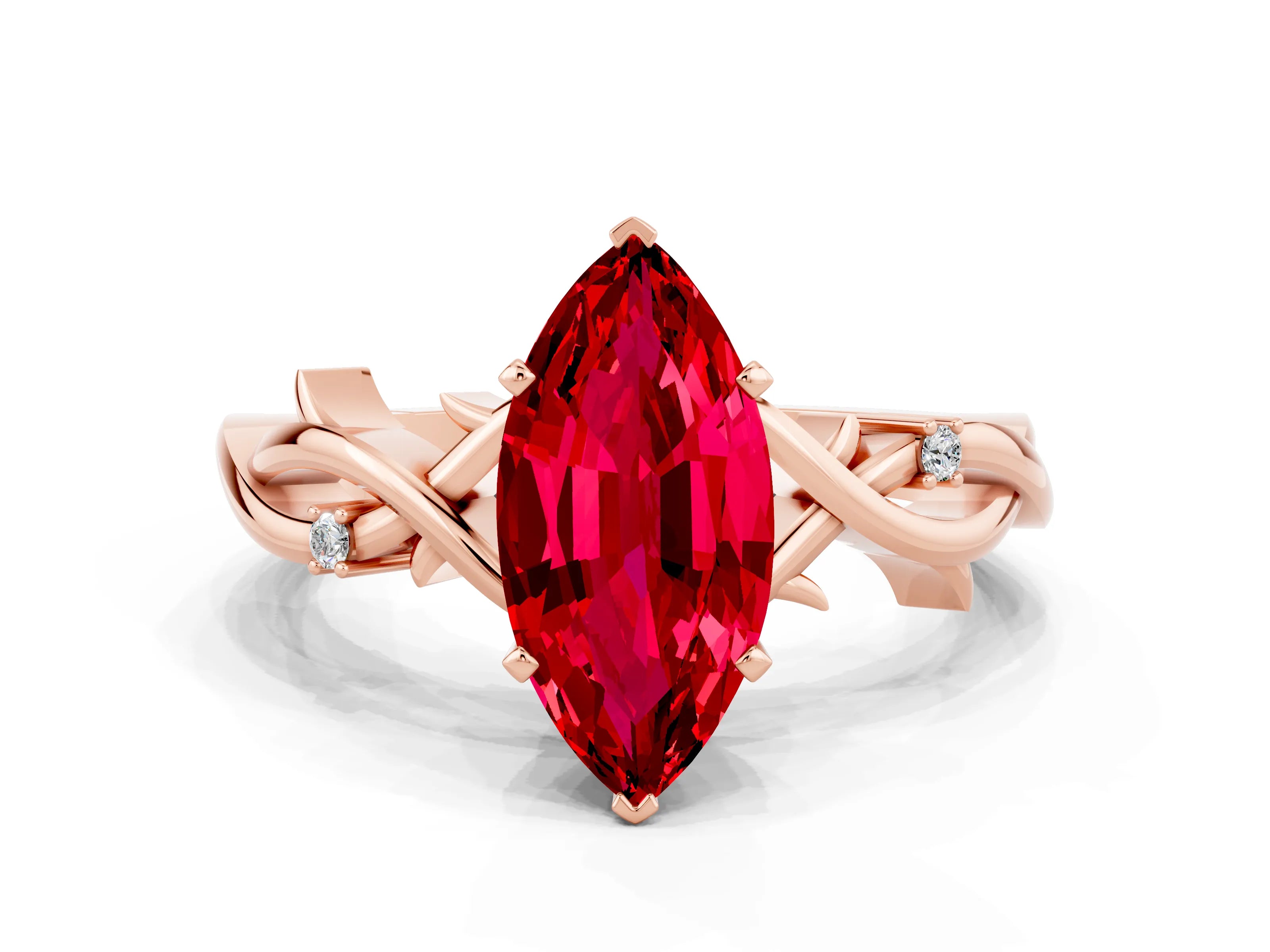 Rose gold Marquise Cut Ruby Solitaire Ring with Milgrain Pavé Band and Four-Prong Setting_12