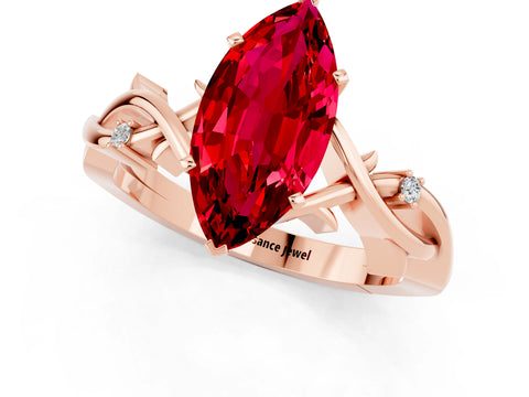 Rose gold Marquise Cut Ruby Solitaire Ring with Milgrain Pavé Band and Four-Prong Setting_13