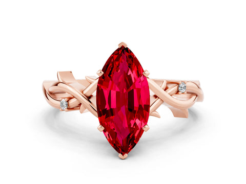 Rose gold Marquise Cut Ruby Solitaire Ring with Milgrain Pavé Band and Four-Prong Setting_19