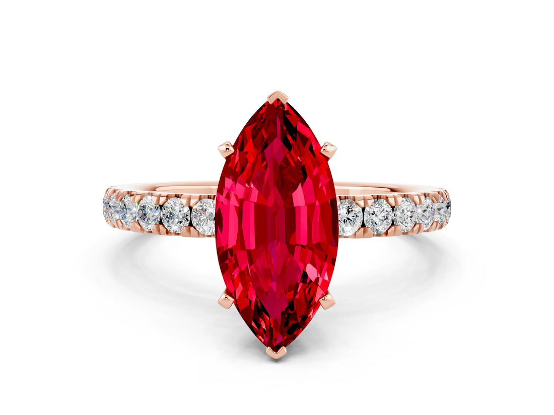 Rose gold Marquise Cut Ruby Solitaire Ring with Pavé Accents and Four-Prong Setting