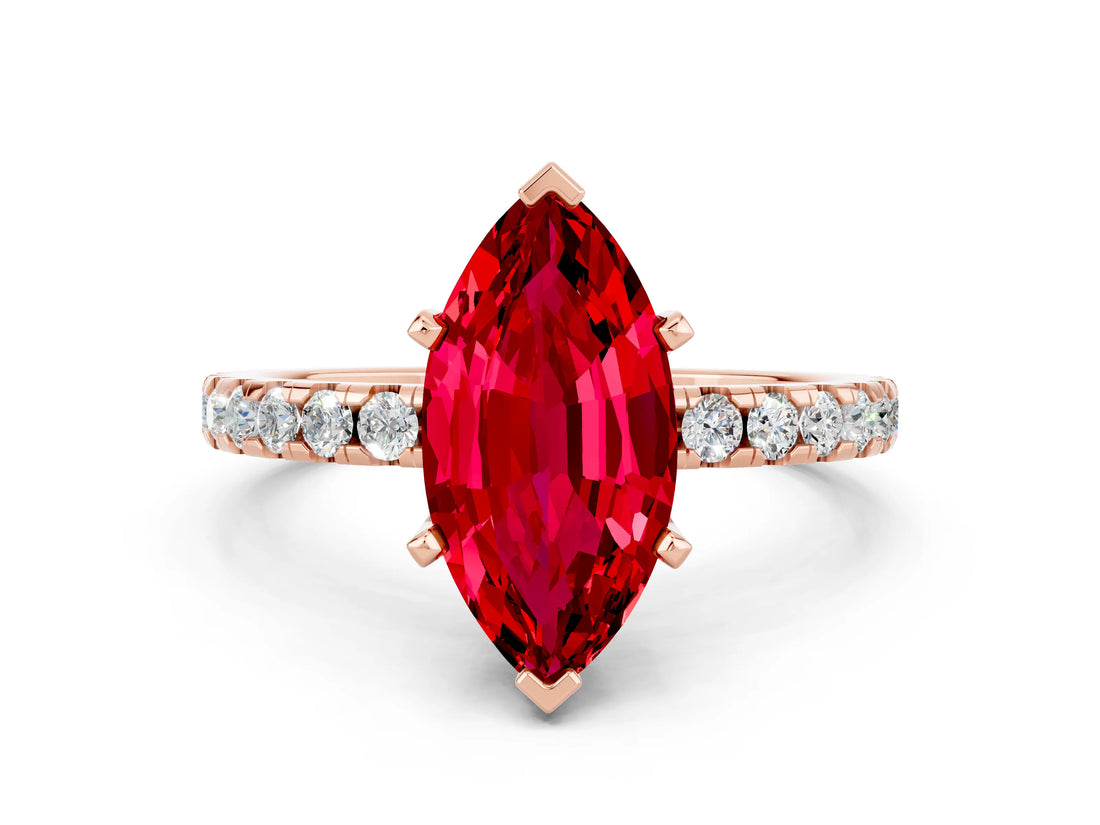 Rose gold Marquise Cut Ruby Solitaire Ring with Pavé Band and Four-Prong Setting_12