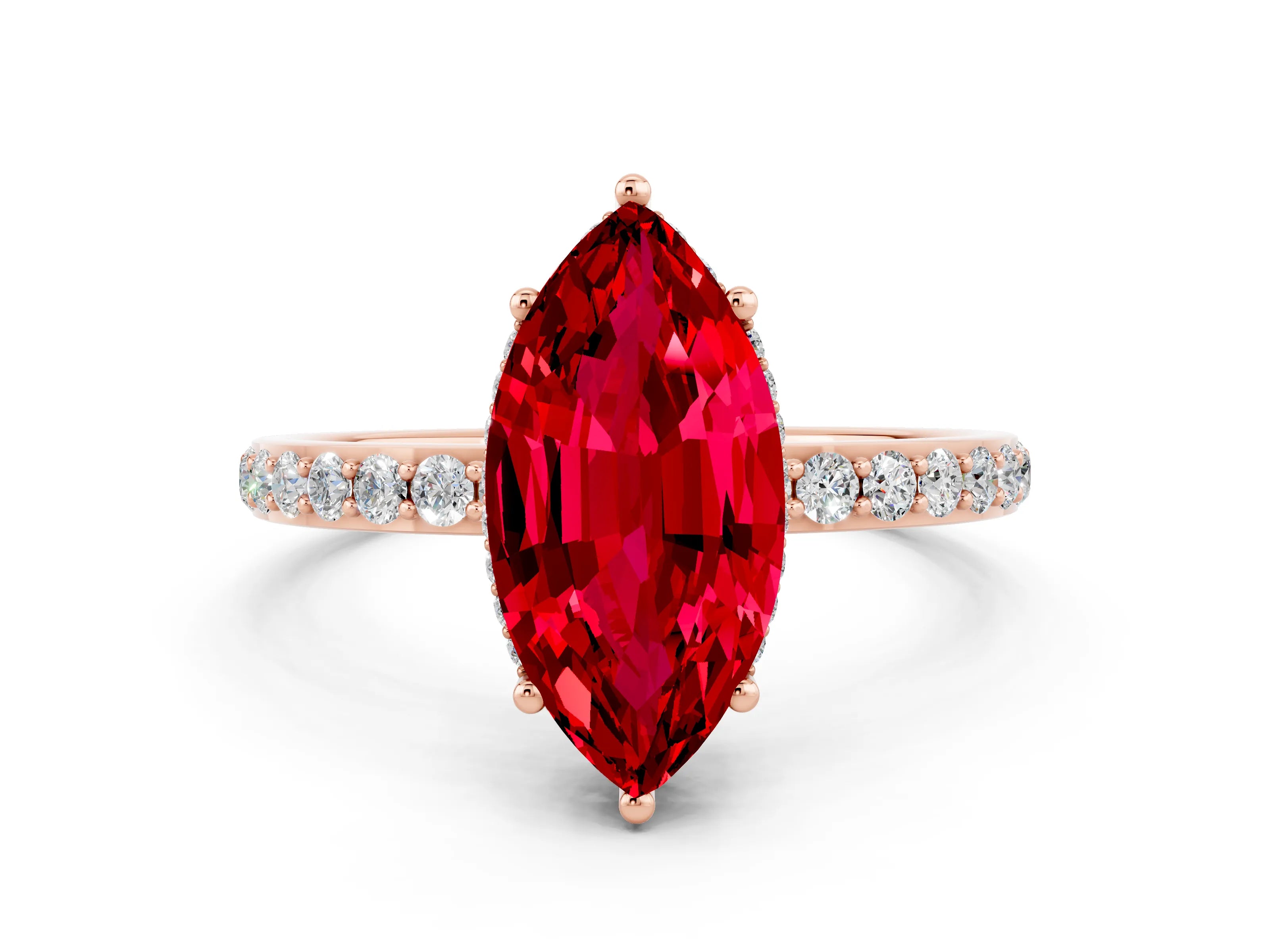 Rose gold Marquise Cut Ruby Solitaire Ring with Pavé Band and Hidden Halo_12