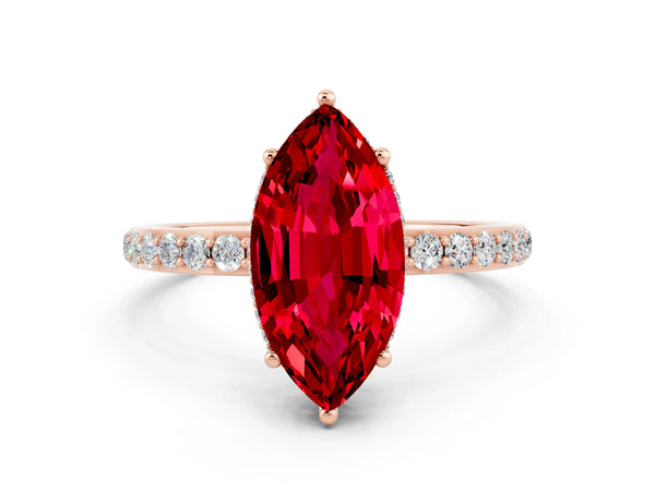 Rose gold Marquise Cut Ruby Solitaire Ring with Pavé Band and Hidden Halo