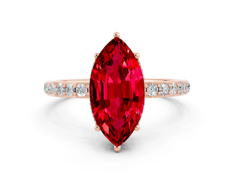Rose gold Marquise Cut Ruby Solitaire Ring with Pavé Band and Hidden Halo_12