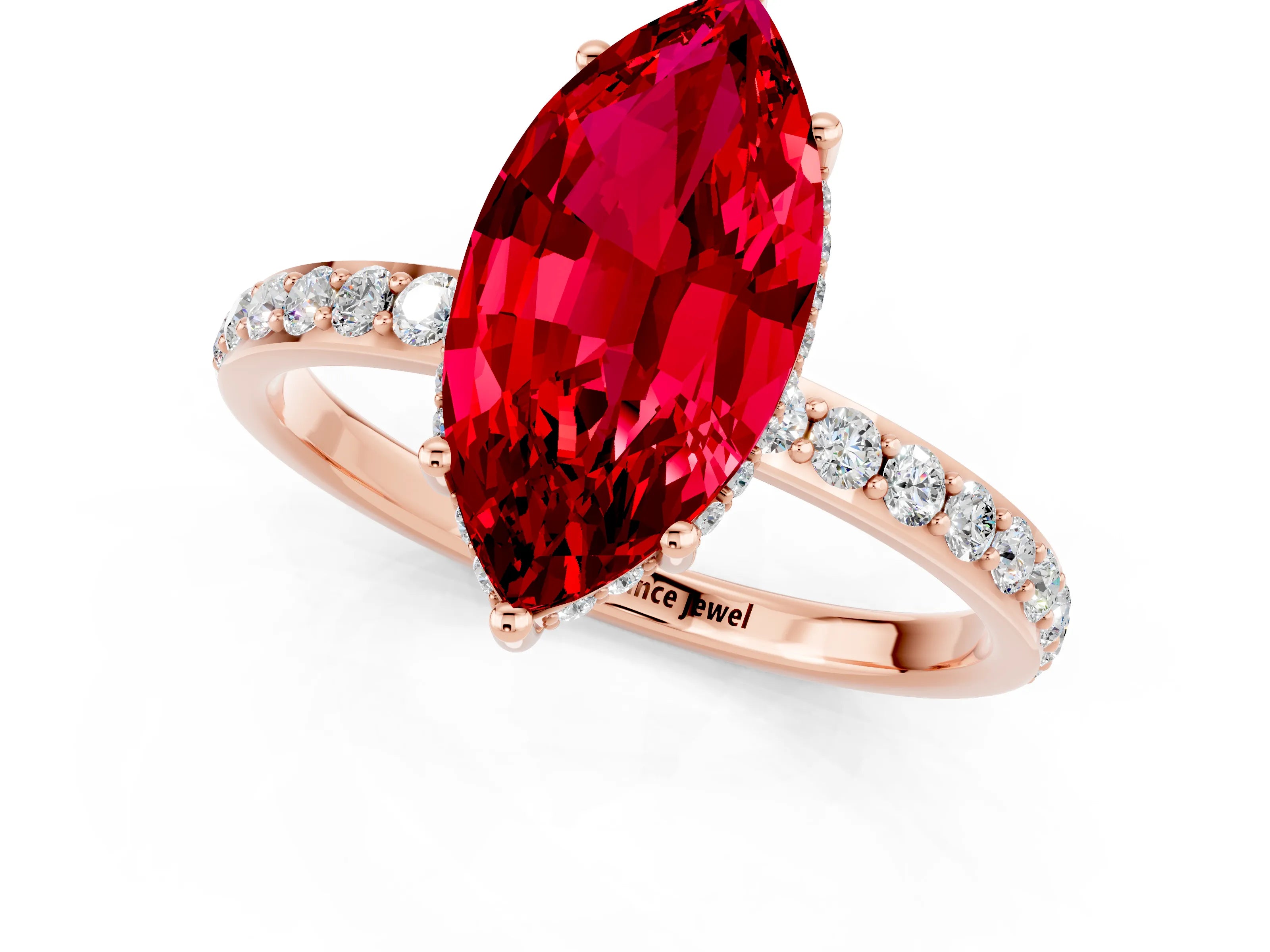 Rose gold Marquise Cut Ruby Solitaire Ring with Pavé Band and Hidden Halo_13