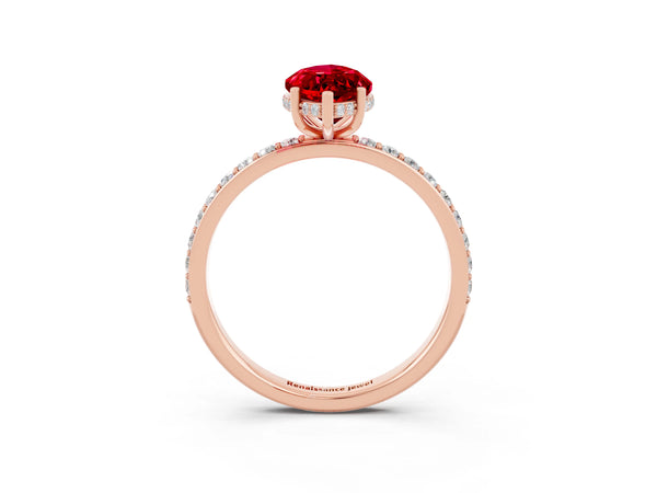 Rose gold Marquise Cut Ruby Solitaire Ring with Pavé Band and Hidden Halo