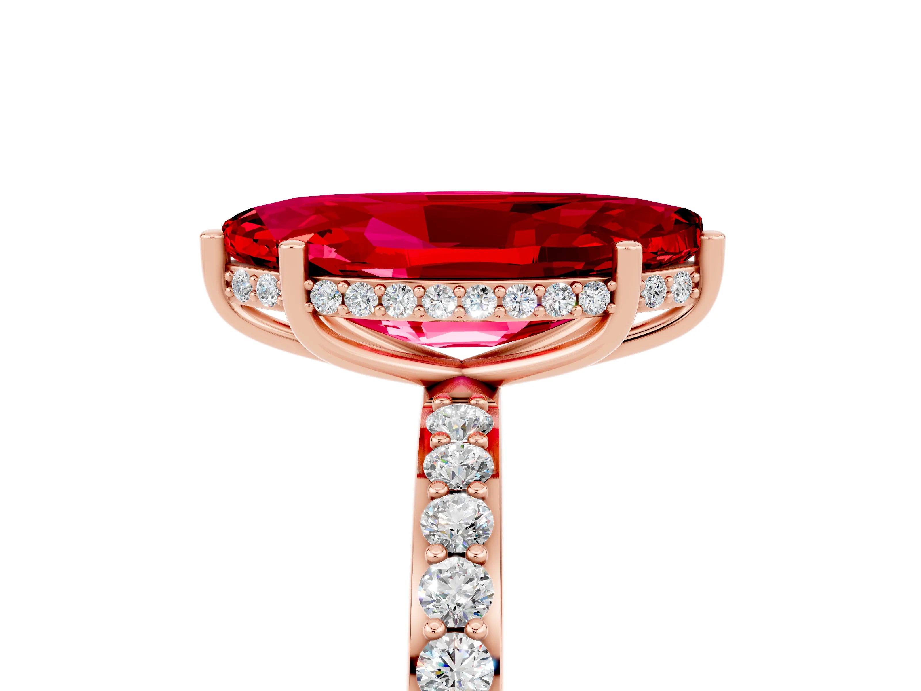 Rose gold Marquise Cut Ruby Solitaire Ring with Pavé Band and Hidden Halo_17