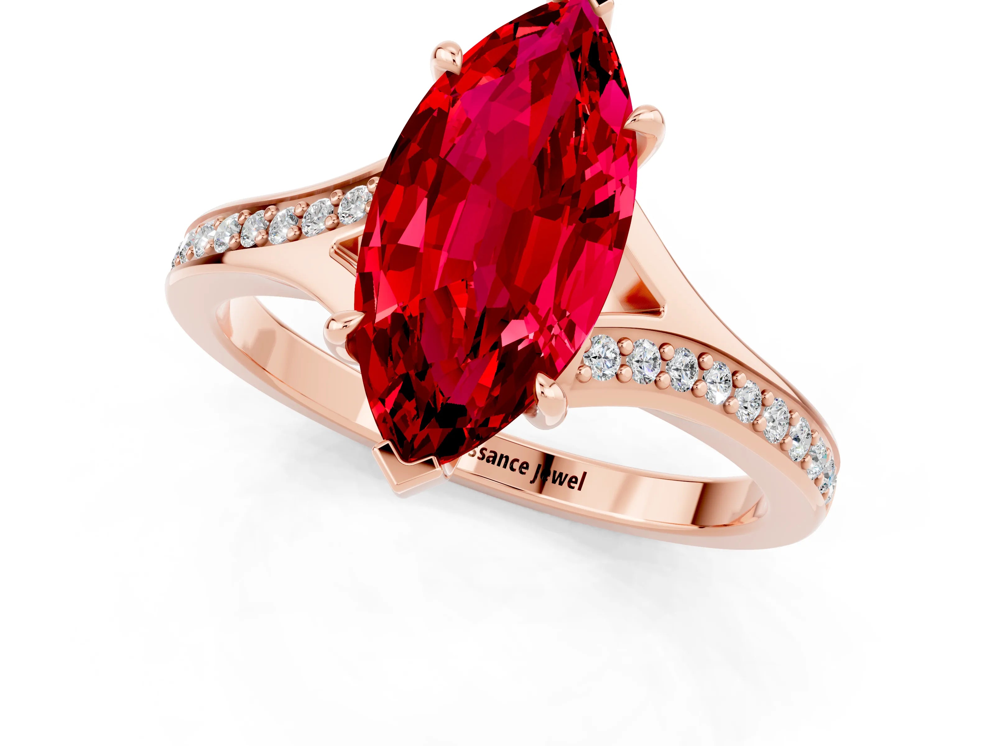 Rose gold Marquise Cut Ruby Solitaire Ring with Pavé Band and Prong Setting_13