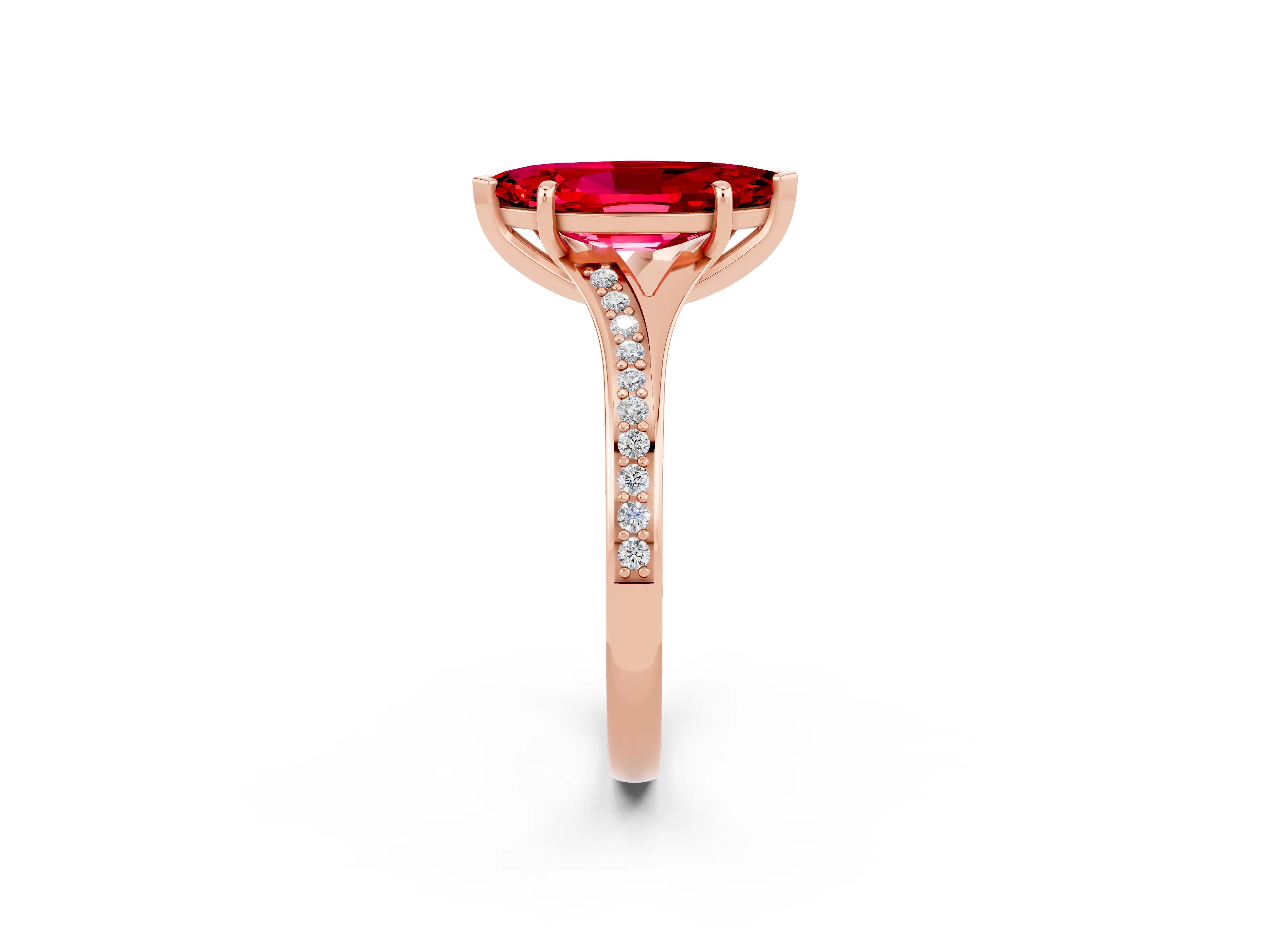 Rose gold Marquise Cut Ruby Solitaire Ring with Pavé Band and Prong Setting_2