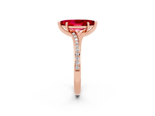 Rose gold Marquise Cut Ruby Solitaire Ring with Pavé Band and Prong Setting