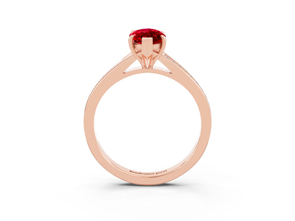 Rose gold Marquise Cut Ruby Solitaire Ring with Pavé Band and Prong Setting