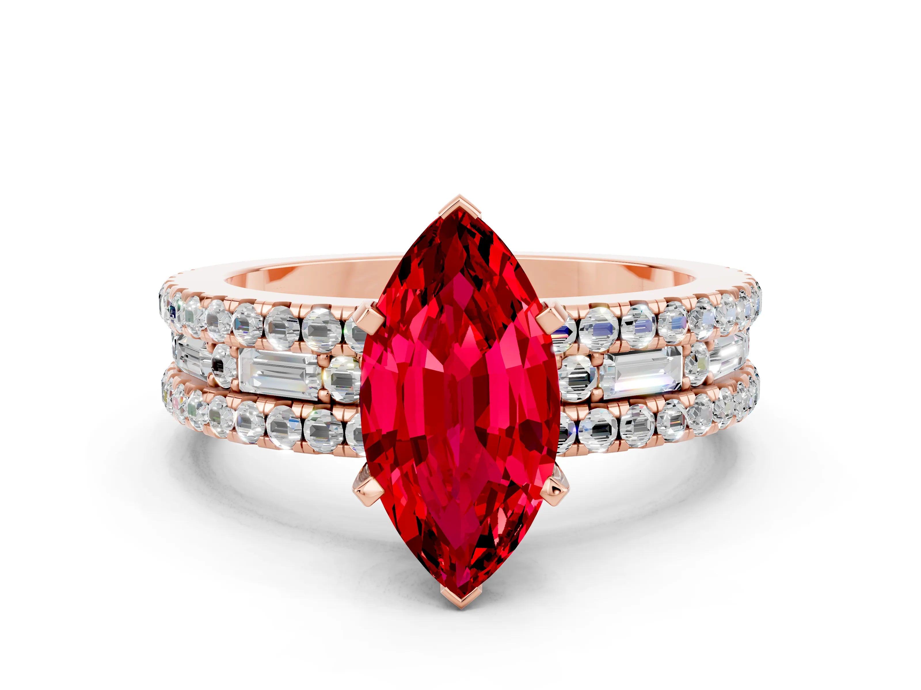 Rose gold Marquise Cut Ruby Solitaire Ring with Pavé and Channel Set Band