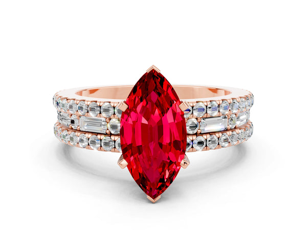 Rose gold Marquise Cut Ruby Solitaire Ring with Pavé and Channel Set Band