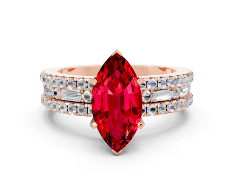 Rose gold Marquise Cut Ruby Solitaire Ring with Pavé and Channel Set Band