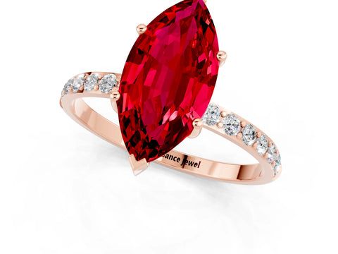 Rose gold Marquise Cut Ruby Solitaire Ring with Pave Band and Four Prong Setting_25