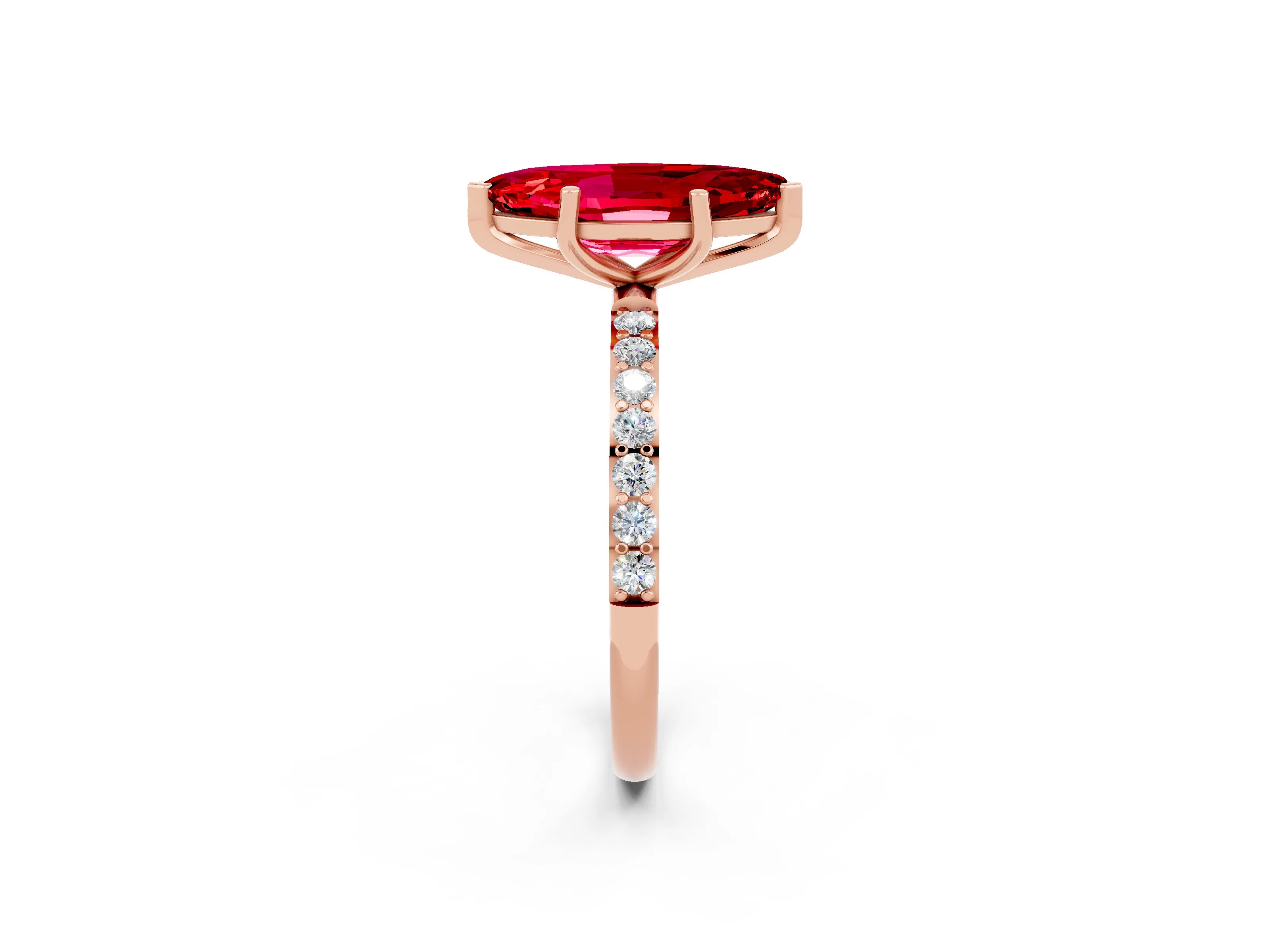 Rose gold Marquise Cut Ruby Solitaire Ring with Pave Band and Four Prong Setting_26