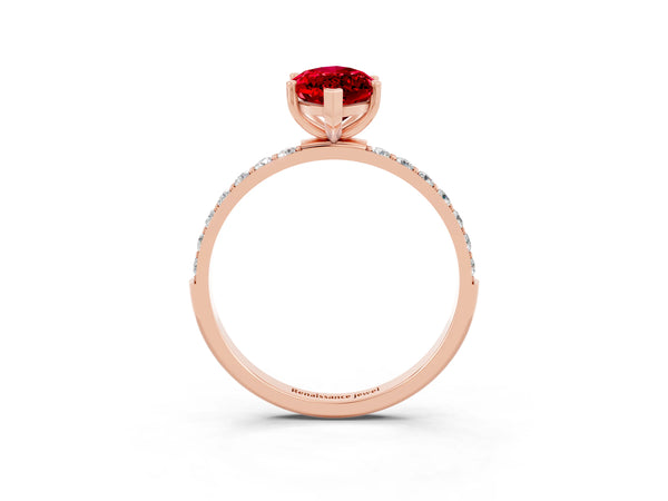 Rose gold Marquise Cut Ruby Solitaire Ring with Round  Pavé Band and Prong Setting