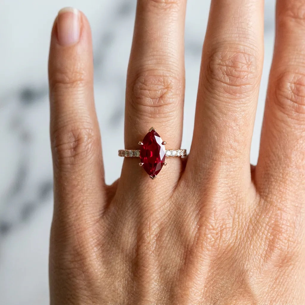 Rose gold Marquise Cut Ruby Solitaire Ring with Round  Pavé Band and Four-Prong Setting_30