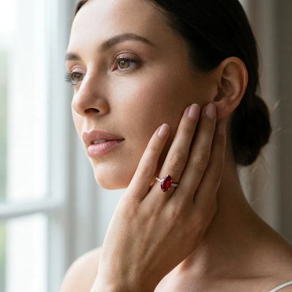 Rose gold Marquise Cut Ruby Solitaire Ring with Round  Pavé Band and Four-Prong Setting