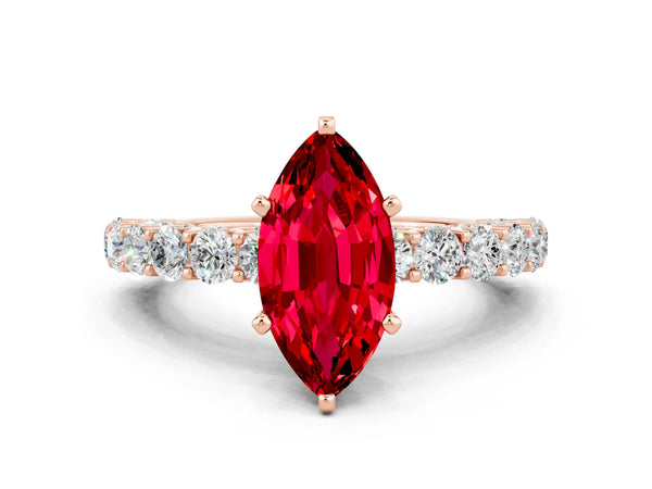 Rose gold Marquise Cut Ruby Solitaire Ring with Shared Prong Pavé Band and Four-Prong Setting