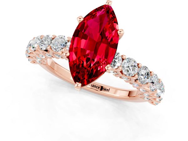 Rose gold Marquise Cut Ruby Solitaire Ring with Shared Prong Pavé Band and Four-Prong Setting