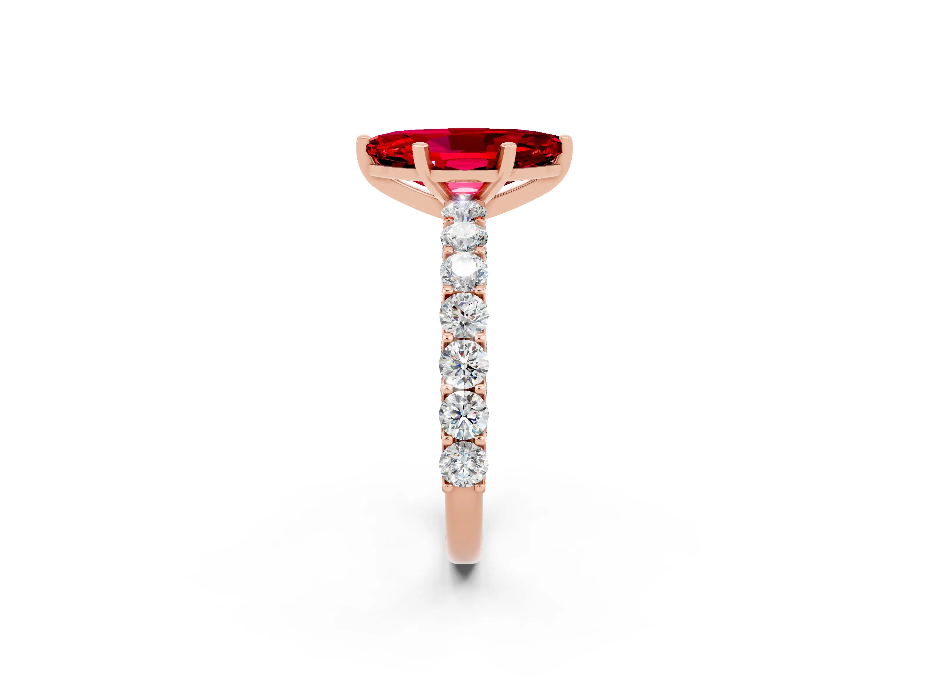 Rose gold Marquise Cut Ruby Solitaire Ring with Shared Prong Pavé Band and Four-Prong Setting_2