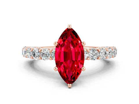 Rose gold Marquise Cut Ruby Solitaire Ring with Shared Prong Pavé Band and Four-Prong Setting