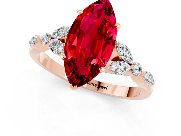 Rose gold Marquise Cut Ruby Solitaire Ring with Side Stones and Four-Prong Setting