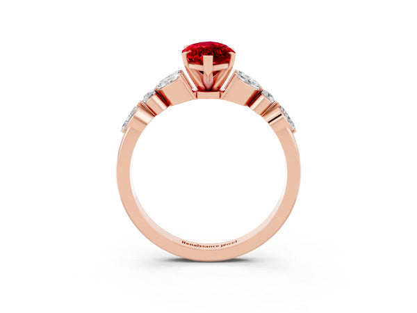 Rose gold Marquise Cut Ruby Solitaire Ring with Side Stones and Four-Prong Setting