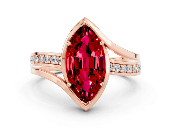 Rose gold Marquise Cut Ruby Solitaire Ring with Split Shank and Prong Setting
